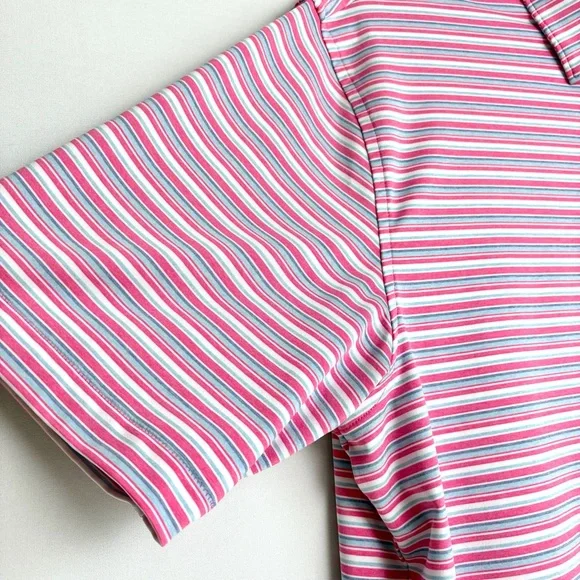 Peter Millar Summer Comfort Golf Polo Men Sz L Blue White Pink Stripe Preppy EUC - Picture 7 of 15